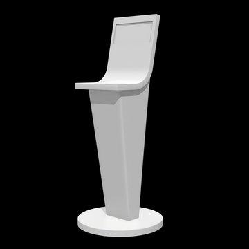 LCD Screen Stand. Trade Show Booth. 3d render of tv info kiosk on black background. High Resolution. Ad template for your expo design.