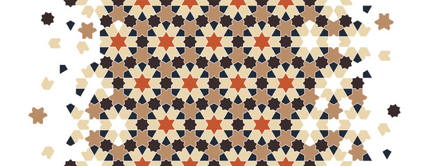 Geometric islamic pattern. Geometric halftone texture with color tile disintegration or breaking