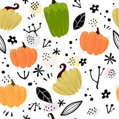 Autumn colorful seamless pattern with cartoon pumpkins, vector decorative elements. season. Design for fabric, print, textile, wrapping paper.