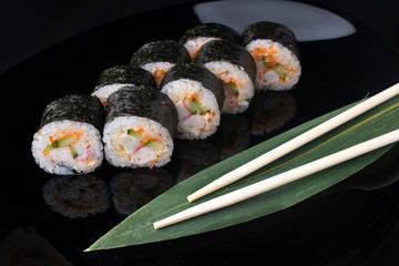 Japanese Sushi Rolls with Cream Cheese , flying fish roe, cucumber and crab stick