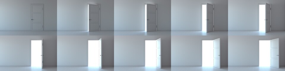 Set of opening doors, white wall and ambient occlusion effect. Soft lighting shines on the street. 3D rendering