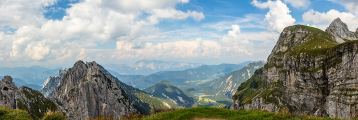 Panorama of Julian Alps with Fusine in Valromana, Mount Buconig and Mangart Chain. Taken from Mount...