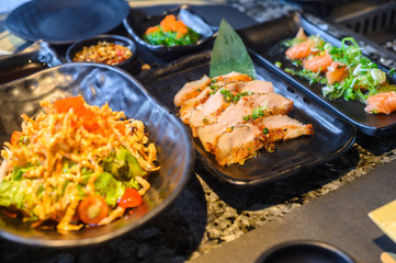 grill pork thai style meal with herb sauce