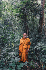 Obraz na płótnie Canvas Monk walking meditation in green deep forest