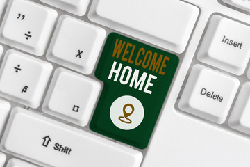 Word writing text Welcome Home. Business photo showcasing Expression Greetings New Owners Domicile Doormat Entry White pc keyboard with empty note paper above white background key copy space