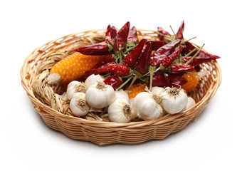 Fototapeta na wymiar Autumn, fall foods with wooden basket isolated on white background