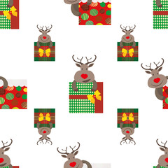Cute cartoon reindeer hugging presents in red, green and gold color design. Seamless vector pattern on white background. Perfect for Christmas products, giftwrap, stationery, packaging, graphic asset