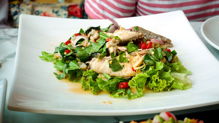 Spicy fish salad with chilli, add celery, lettuce