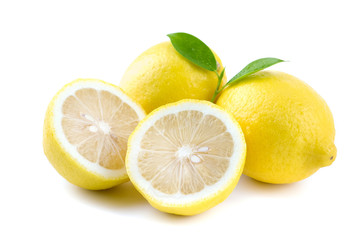 Obraz na płótnie Canvas Yellow Lemon citrus half slices with leaf isolated on white background