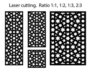 Laser pattern. Set of decorative vector panels for laser cutting. Template for interior partition in arabesque style. Ratio 1:1,1:2,1:3,2:3