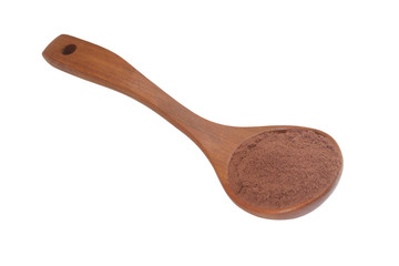 Wooden spoon with cocoa powder isolated on white background