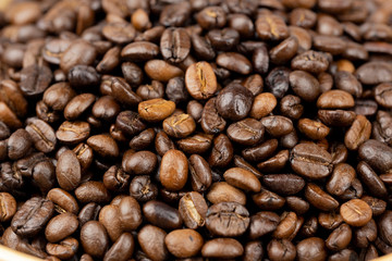 Roasted coffee beans background, Close Up mixture of different kinds of coffee beans.