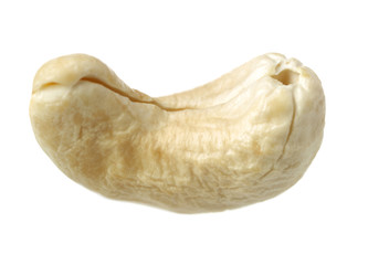 One cashew on white background close-up macro.
