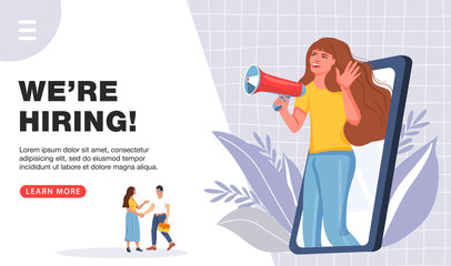 Join our team concept. Recruitment agency. Woman shouting on megaphone with we are hiring word. Business people shaking hands. Landing page template. Vector illustration.