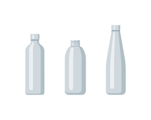 Plastic bottle set design flat oil and beverage. Set containers of different capacities large small tare.