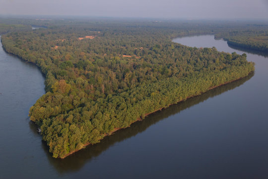 Aerial view of the Danube River in Kopacki rit in spring, Croatia