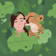 An illustration of a cheetah and a girl or woman with palm leaves and green vegetation © Анастасия Власова