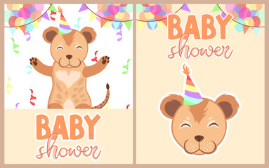 set of cute cards  for baby shower party with hugging cartoon african lion, with colorful balloons, editable vector illustration