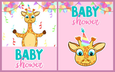 set of cute cards  for baby shower party with hugging cartoon african giraffe, with colorful balloons, editable vector illustration