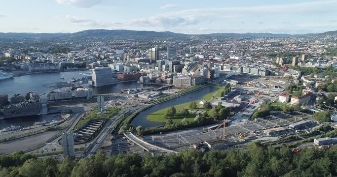Cinema 4K drone shot with backward reveal motion and panorama view of the Oslo city line and construction in Bjoervika, a tourist attraction with the Munch museum, Soerenga and Barcode, in Norway.