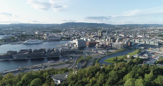 Cinema 4K drone shot with backward reveal motion and panorama view of the Oslo city line and construction in Bjoervika, a tourist attraction with the Munch museum, Soerenga and Barcode, in Norway.