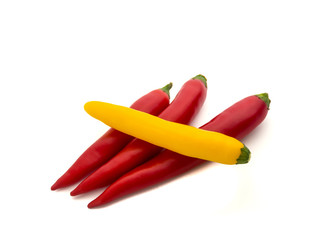 close-up of four fresh and healthy chili peppers isolated on white background. Selective focus.