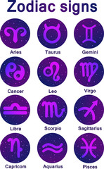 Set of vector icons. Collection of zodiac signs in purple colors with the Space. Stars and lights. Astrology symbols with latin names