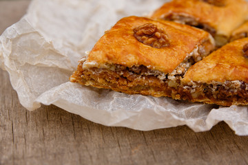 Eastern sweets - dessert baklava decorated with walnuts