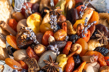 Bouquet of dried fruits. Close-up. Top view.