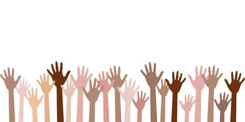 Raised up hands of different skin color vector illustration. Teamwork, collaboration, voting, volunteering concert. Diversity of human hands raised. Charity, crowd, workforce, community concept.