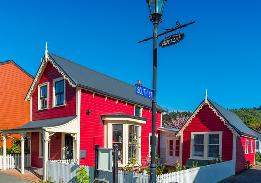 View of buildings on a historic south street, Nelson, New Zealand.