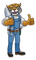 A wildcat bricklayer builder construction worker mascot cartoon character holding a trowel tool and giving a thumbs up