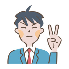 Vサインする笑顔の男子高校生　イラスト