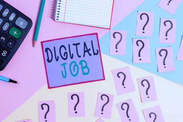 Handwriting text Digital Job. Conceptual photo get paid task done through internet and demonstratingal computer Mathematics stuff and writing equipment above pastel colours background