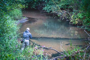 A fisherman catches spinning in the waders. Trout fishing.