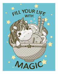Vector kawaii illustration in vintage, retro blue and gold colors. For posters, prints in Asian food, ramen or noodles cafe or restaurant. Chibi unicorn with plate of ramen and typography inscription