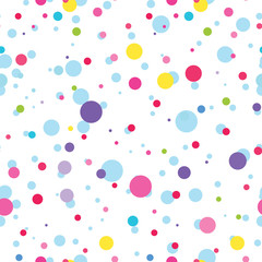 Vector seamless pattern. Simple Abstract design. Little cute confetti in punch pastel, festive colors. Perfect for textile, texture, ornament, baby cottons and more, white and blue background