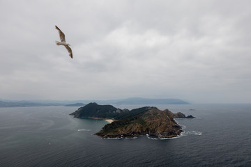 Fototapeta na wymiar View of the Southern island. Cies Islands archipelago off the coast of Pontevedra in Galicia (Spain), in the mouth of the Ria de Vigo.