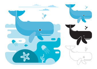 Whale icons. Flat vector illustration of cachalot. Decorative cute illustration for children. Graphic design elements for print and web.