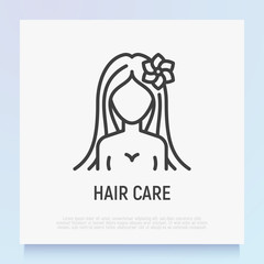 Hair care thin line icon: girl with long hair and flower. Logo for beauty salon. Modern vector illustration.