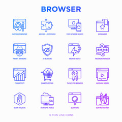 Browser thin line icons set: add-ons, extension, customize browser, sync between devices, bookmark, private, ad blocking, password manager, smart shopping, surfing internet. Vector illustration.