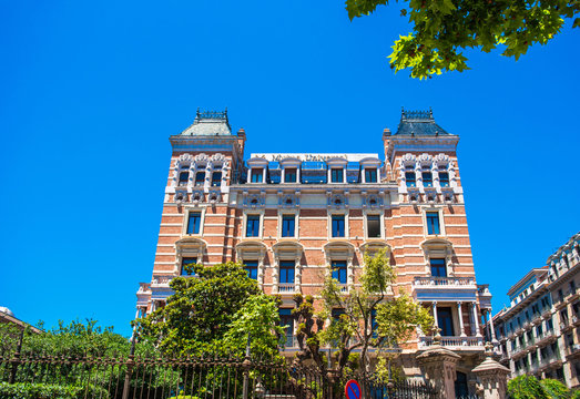 View of the facade of the building "Mutua Universal", Barcelona, Spain.