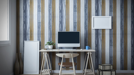 room  3D rendering interior white home office