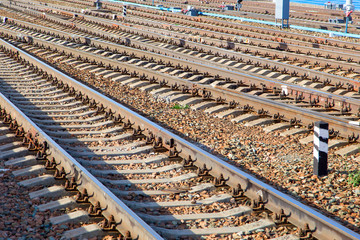  Many railway tracks at the station.Horizontally.