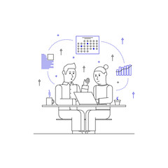 Man And Woman With Laptop Outline Illustration