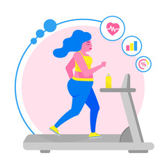 Indoor fitness concept and fitness app isolate. Flat vector illustration of young girl in the sportswear doing exercises on the treadmill. Weight loss. 