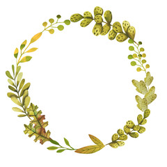 Watercolor round frame with plants and leaves. 