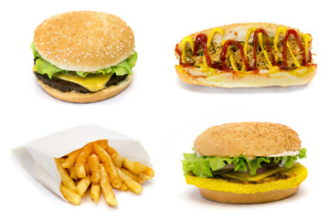 Collage of their fast food street food on a white background, isolated. Set of street food images.