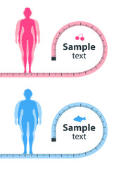 Weight loss. The influence of diet on the weight of the person. Man and woman before and after diet and fitness. Weight loss concept. Fat and thin man and woman. Blank space for your content, template