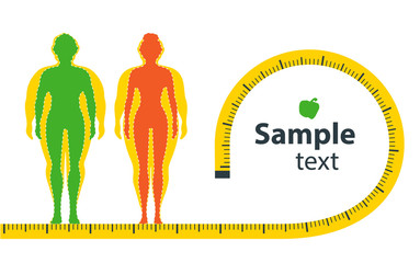 Weight loss. The influence of diet on the weight of the person. Man and woman before and after diet and fitness. Weight loss concept. Fat and thin man and woman. Blank space for your content, template